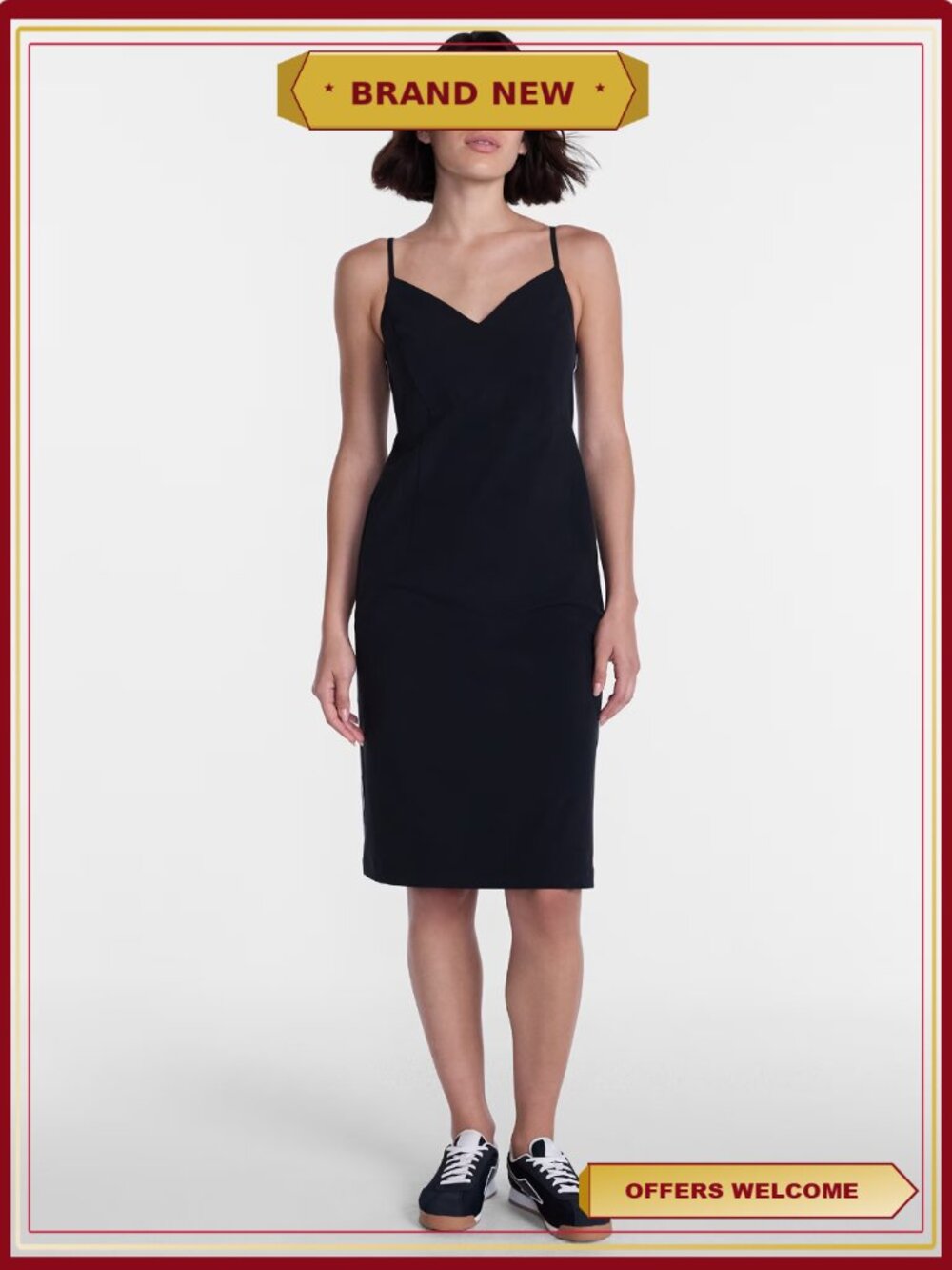 Feather Stretch Midi Dress Sweetheart Neckline Side Piping